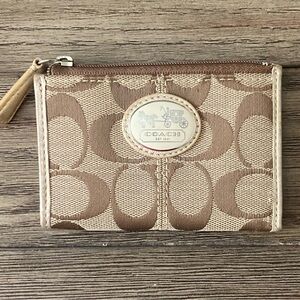 Coach Signature Mini Skinny Beige and Brown Zip Card Case